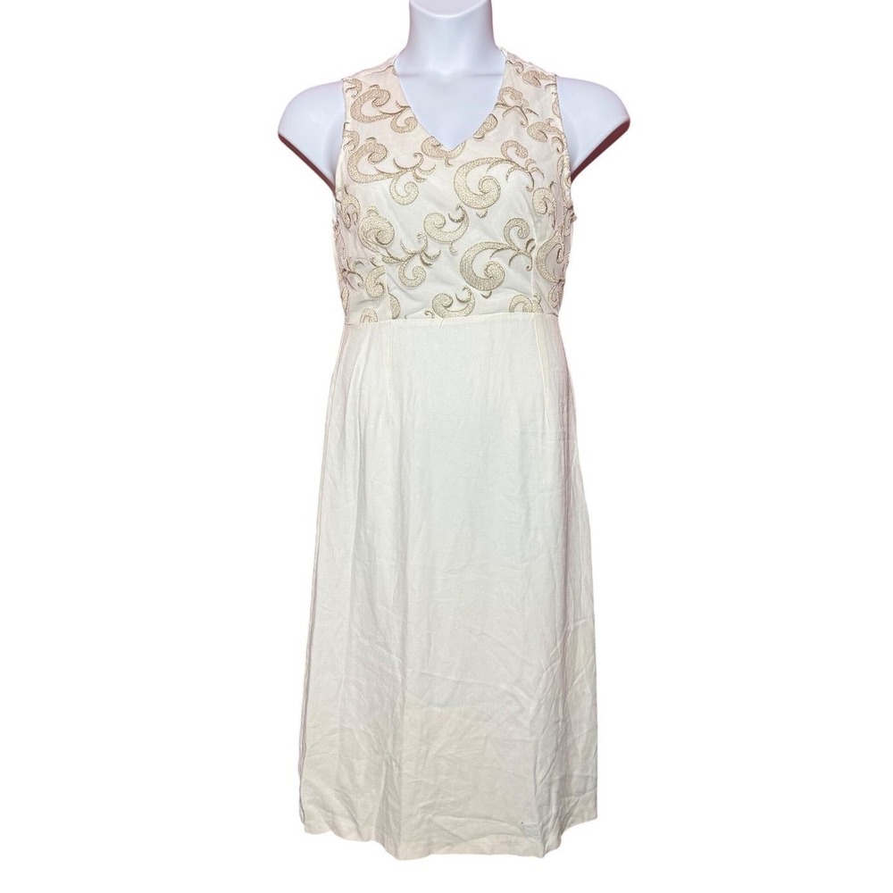 VTG Fashion Network Women Medium Embroidery Cream Sleeveless Midi Dress Formal
